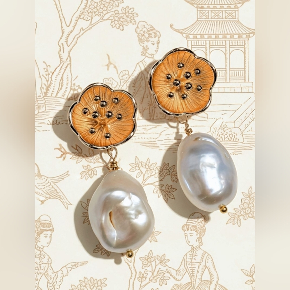 Genuine Large  White Baroque Pearl & Lotus Flower In Gold Plated Earrings